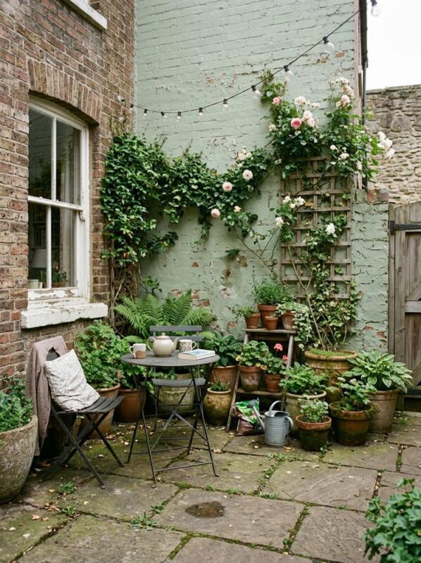 A Courtyard Bistro Set by a Painted Wall – garden seating area idea for UK gardens