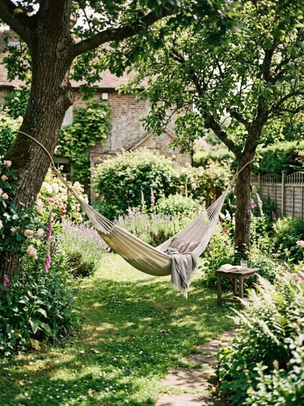 A Hammock between Two Trees – garden seating area idea for UK gardens