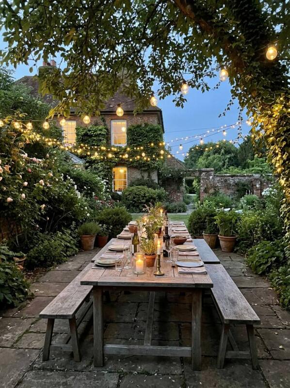 A Long Dining Table under Fairy Lights – garden seating area idea for UK gardens