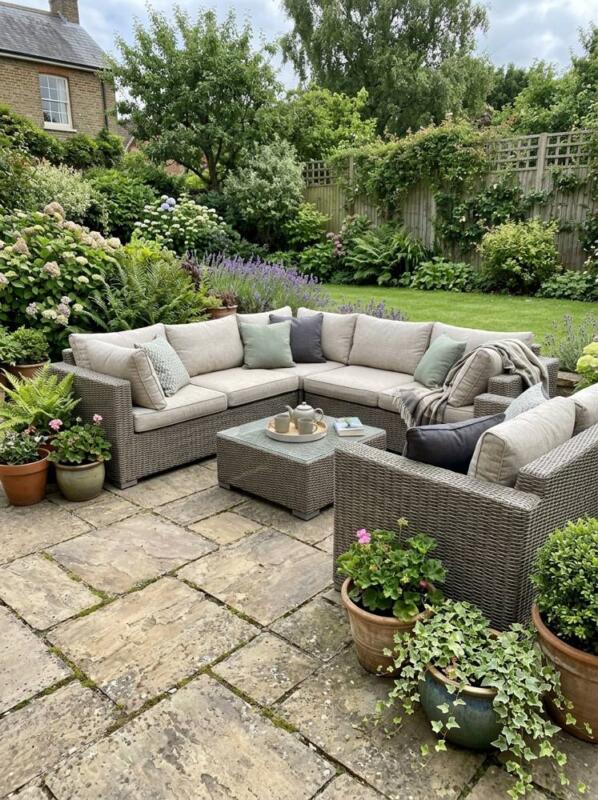 An Outdoor Sofa on a Paved Terrace – garden seating area idea for UK gardens
