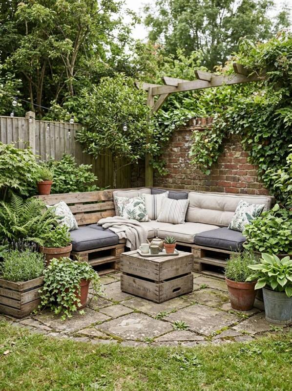 A Pallet Sofa with Crate Tables – garden seating area idea for UK gardens
