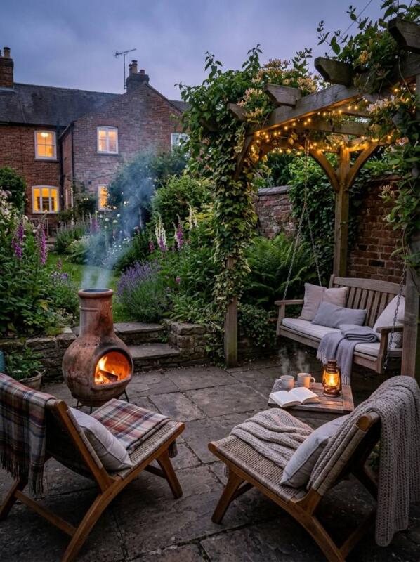 A Pergola Lounge with a Chiminea – garden seating area idea for UK gardens