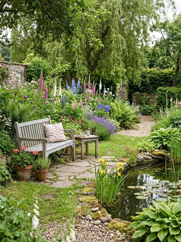 A Bench beside the Pond – garden seating area idea for UK gardens