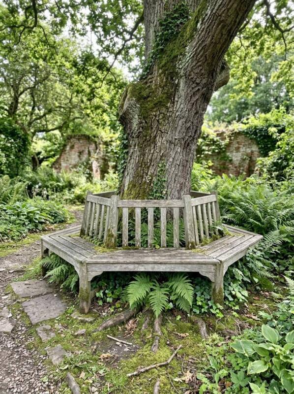 A Bench around a Tree Trunk – garden seating area idea for UK gardens
