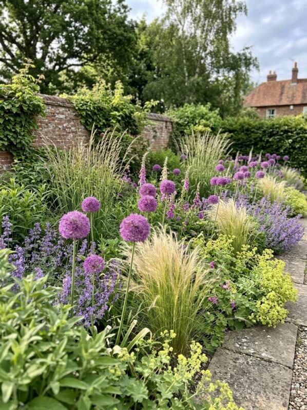 Alliums in a Grassy Border – spring bulb planting idea for UK gardens