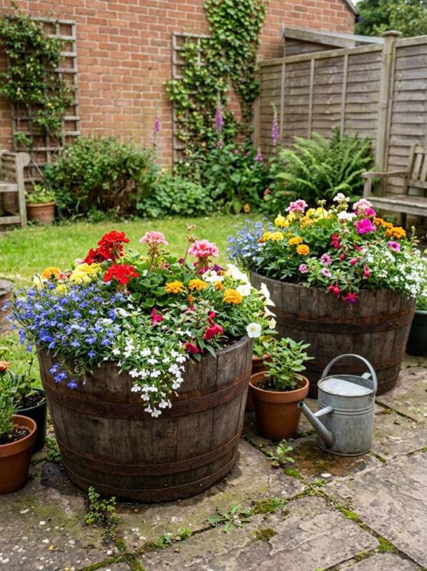 Upcycled Barrel Planters – budget small backyard idea for UK gardens