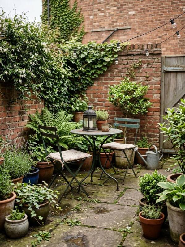 A Bistro Set and Lantern – budget small backyard idea for UK gardens