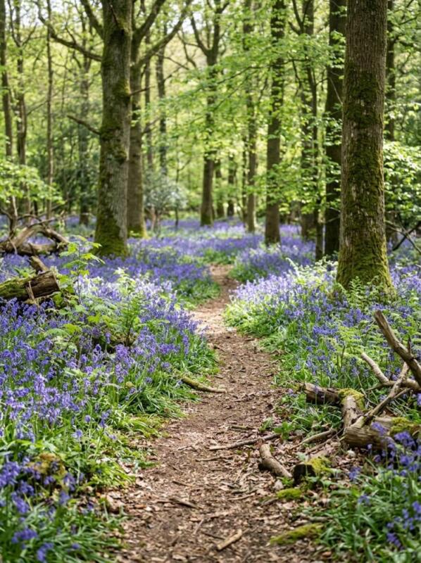 Bluebells along a Woodland Path – spring bulb planting idea for UK gardens