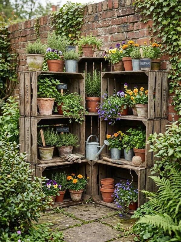Stacked Crates as Shelves – budget small backyard idea for UK gardens