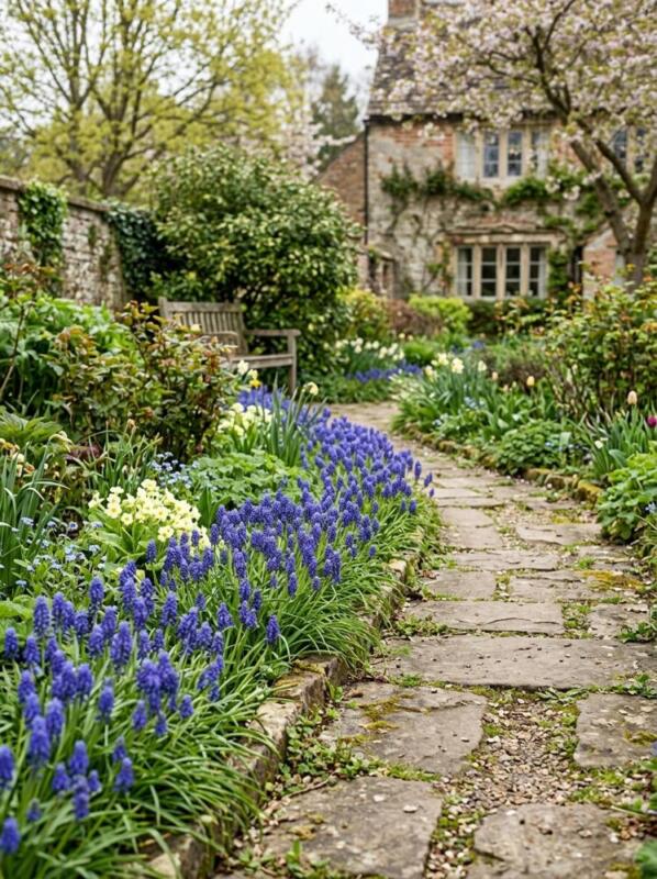 Grape Hyacinths Edging a Path – spring bulb planting idea for UK gardens