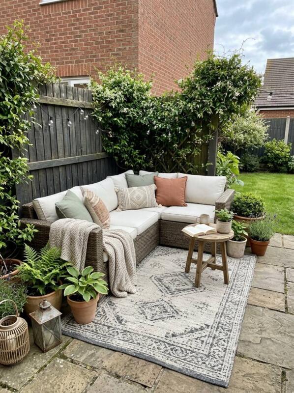 An Outdoor Rug and Cushions – budget small backyard idea for UK gardens