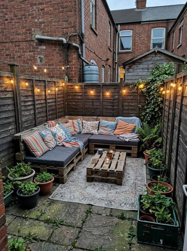 Pallet Furniture and String Lights – budget small backyard idea for UK gardens