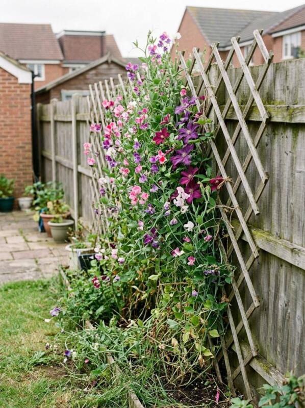 Cheap Trellis with Sweet Peas – budget small backyard idea for UK gardens