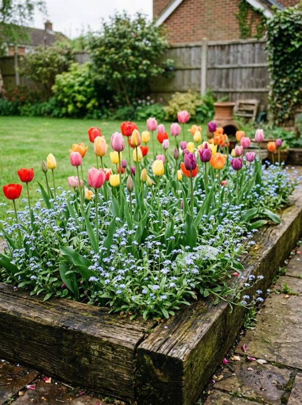 Tulips with Forget-Me-Nots in a Raised Bed – spring bulb planting idea for UK gardens
