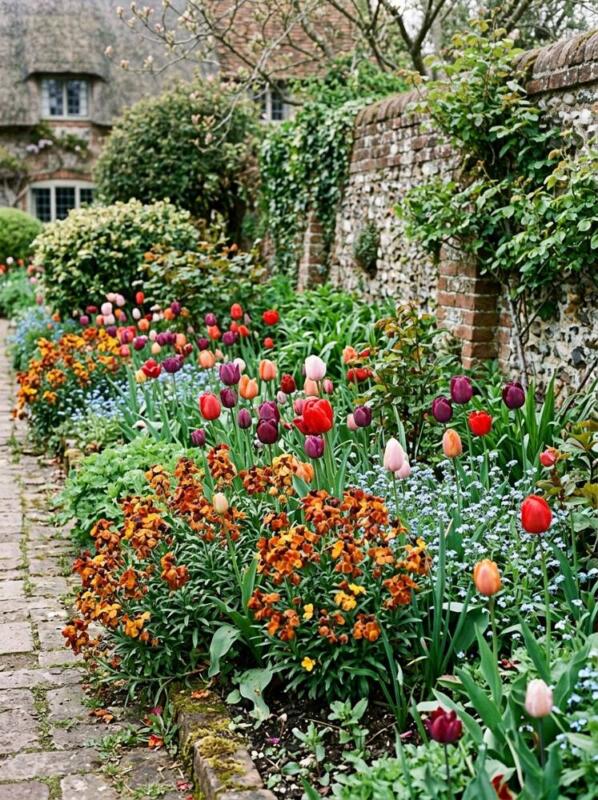 Tulips and Wallflowers in a Cottage Border – spring bulb planting idea for UK gardens