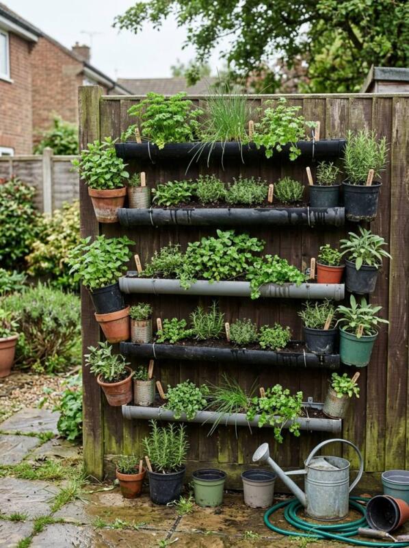 A Vertical Herb Wall from Guttering – budget small backyard idea for UK gardens