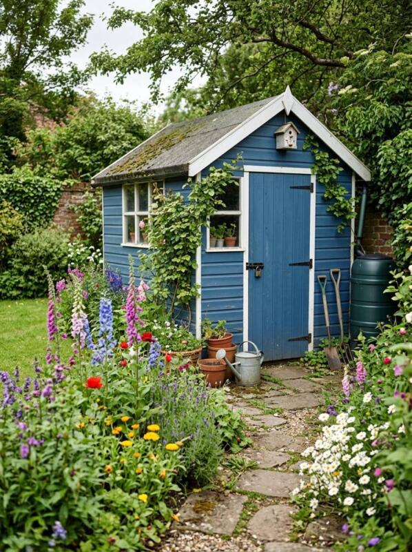 A Blue Shed with White Trim – garden shed makeover idea for UK gardens