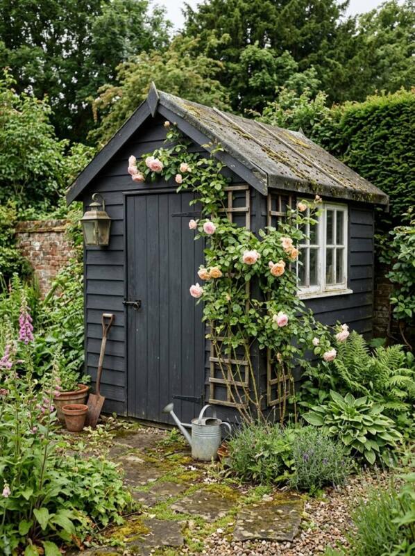 A Charcoal Shed with a Climbing Rose – garden shed makeover idea for UK gardens