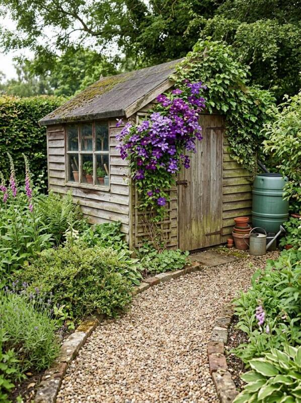 A Clematis and a Gravel Path – garden shed makeover idea for UK gardens