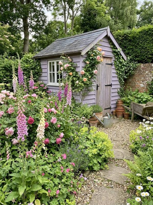A Lavender Shed with a Cottage Border – garden shed makeover idea for UK gardens