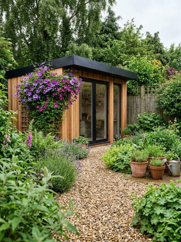 A Modern Cedar Shed with Glass Doors – garden shed makeover idea for UK gardens