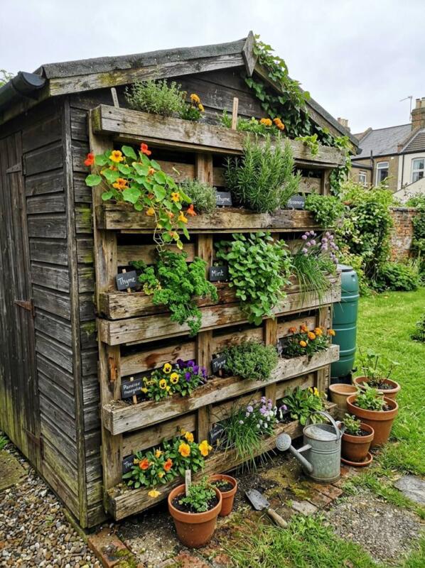 A Pallet Planter Wall – garden shed makeover idea for UK gardens