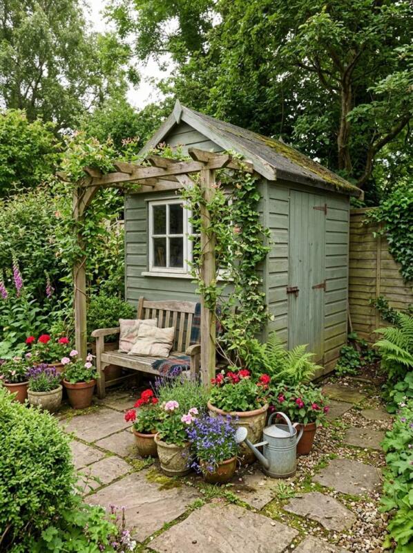 A Pergola Porch with a Bench – garden shed makeover idea for UK gardens
