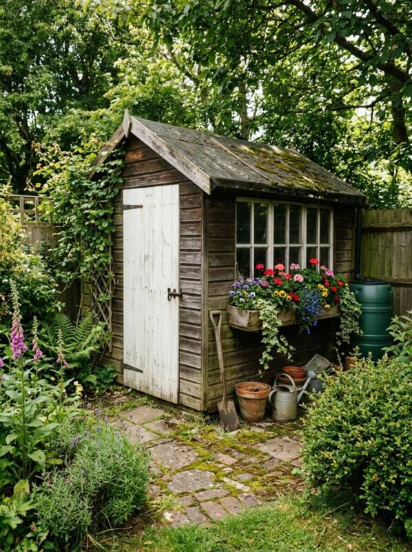 Window Boxes and a White Door – garden shed makeover idea for UK gardens