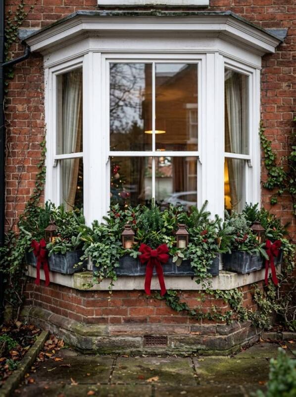 Double Boxes on a Bay Window with Red Bows – Christmas window box idea for UK homes