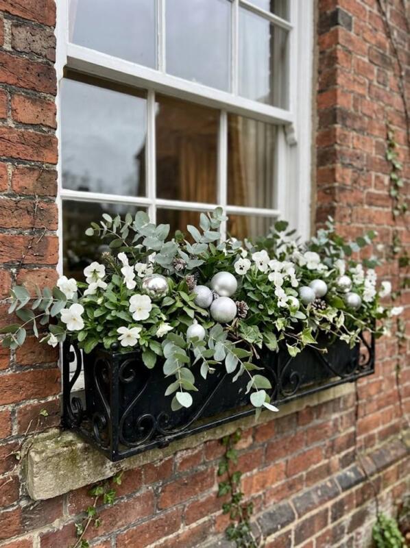 Eucalyptus, Pansies and Silver Baubles – Christmas window box idea for UK homes