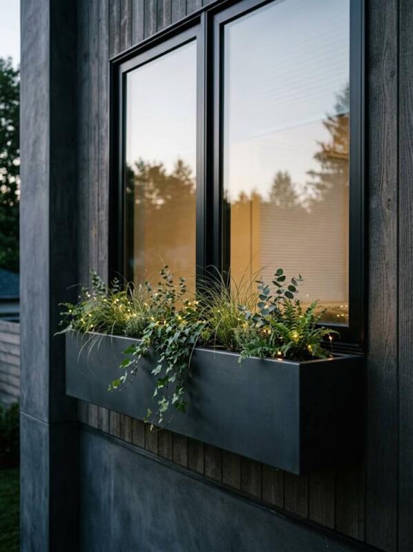 A Minimal Black Box with Foliage and Warm Lights – Christmas window box idea for UK homes