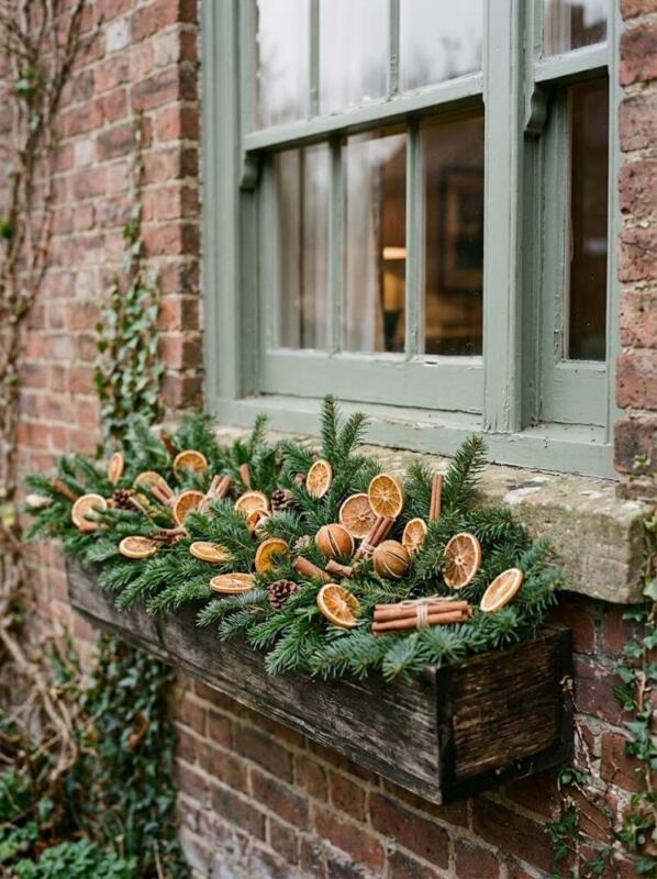 Dried Orange Slices and Cinnamon on Fir – Christmas window box idea for UK homes