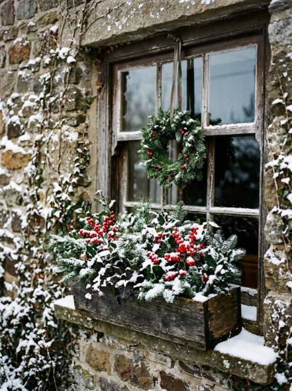 A Snowy Cottage Box with Holly and a Wreath – Christmas window box idea for UK homes