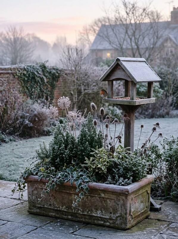 A Frosted Trough with Evergreens and a Bird Table – winter container garden idea for UK gardens