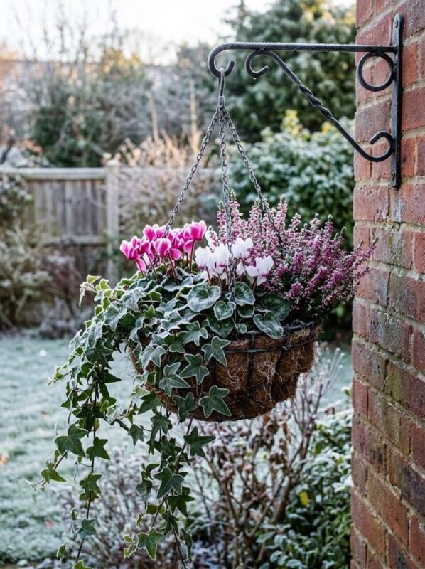 A Winter Hanging Basket of Cyclamen and Heather – winter container garden idea for UK gardens