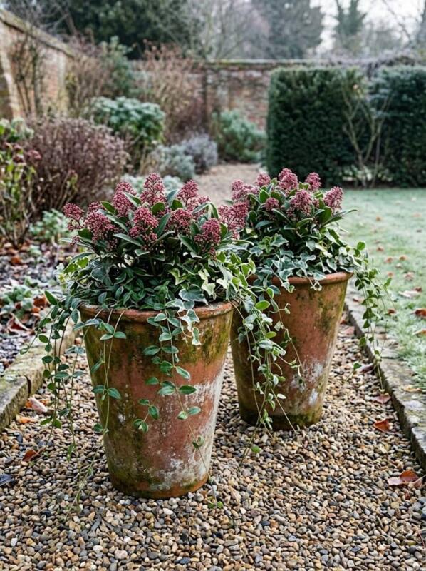 A Pair of Terracotta Pots with Skimmia – winter container garden idea for UK gardens