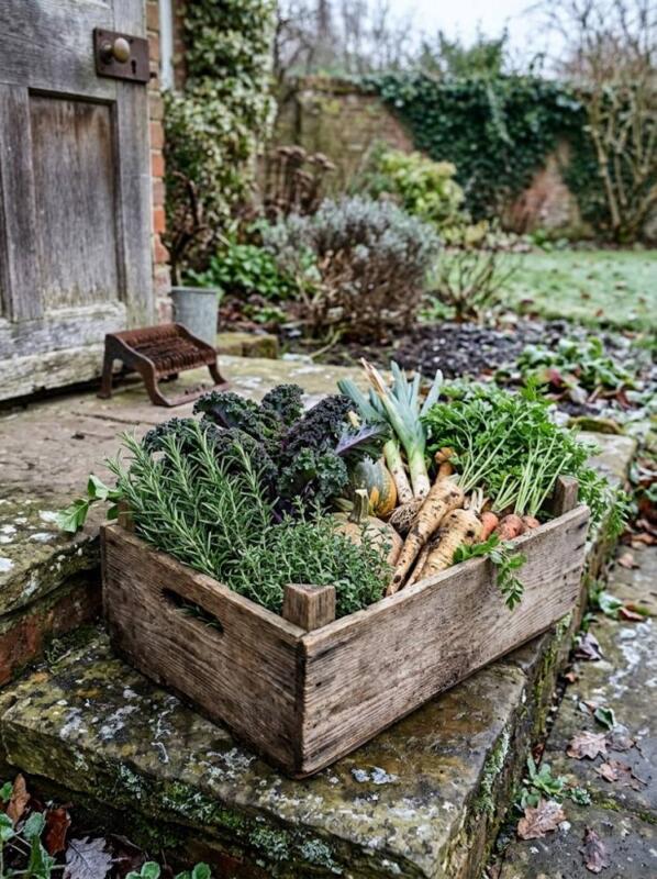 A Wooden Crate of Winter Veg and Herbs – winter container garden idea for UK gardens