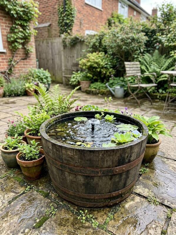A Barrel Fountain on the Patio – pond and water feature idea for UK gardens