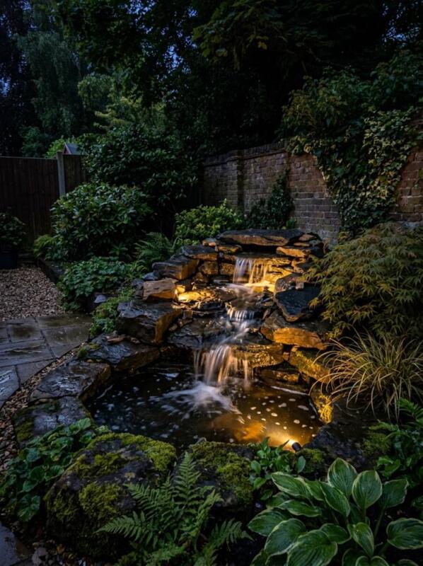 A Lit Cascade at Night – pond and water feature idea for UK gardens