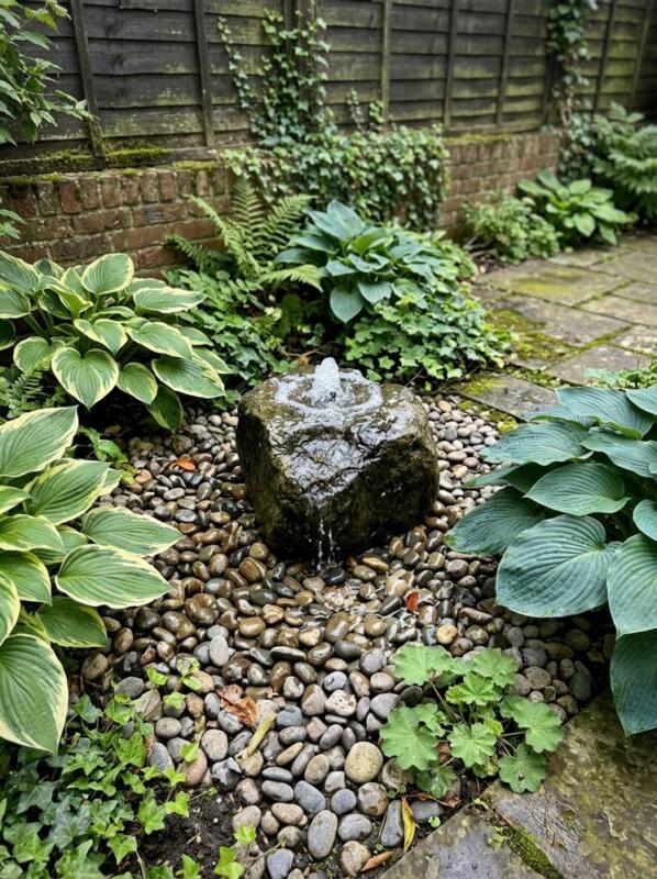 A Pebble Bubble Fountain with Hostas – pond and water feature idea for UK gardens