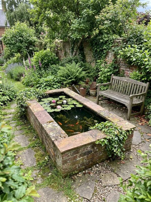 A Raised Brick Pond with a Bench – pond and water feature idea for UK gardens
