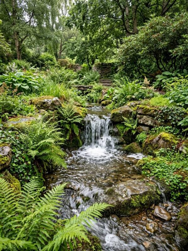 A Stream and Cascade among Ferns – pond and water feature idea for UK gardens