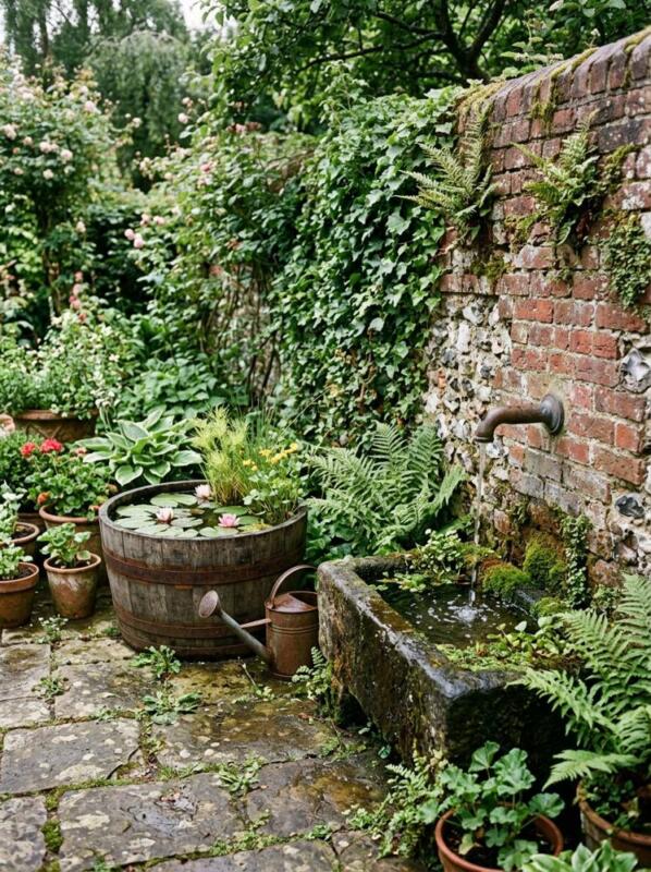 A Wall Spout and Half-Barrel Pond – pond and water feature idea for UK gardens