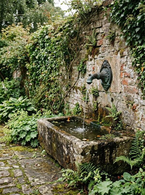 A Wall Spout into a Stone Trough – pond and water feature idea for UK gardens