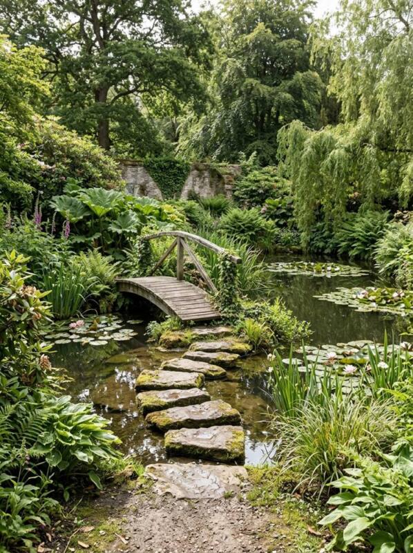 A Bridge and Stepping Stones – pond and water feature idea for UK gardens