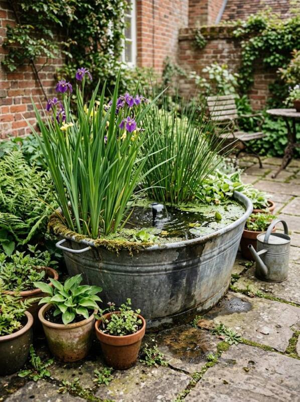 A Zinc Tub with Iris and Rushes – pond and water feature idea for UK gardens