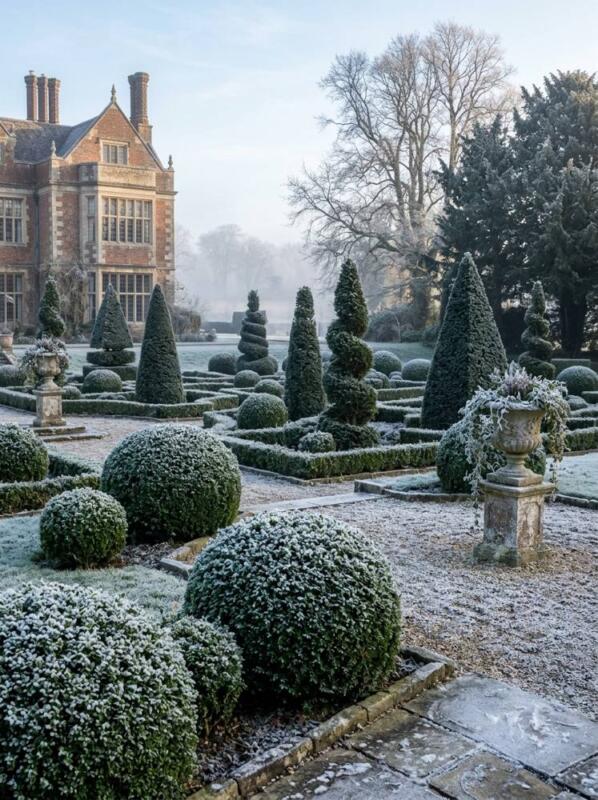 Frosted Topiary and Box Balls – winter garden idea for UK gardens