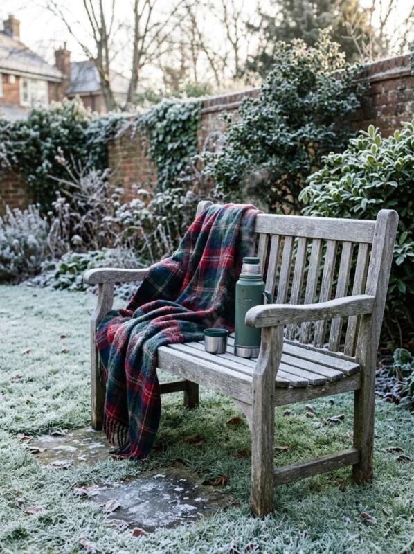 A Bench with a Tartan Blanket – winter garden idea for UK gardens