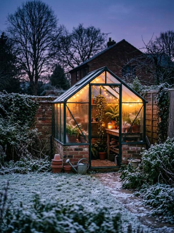 A Glowing Greenhouse at Dusk – winter garden idea for UK gardens