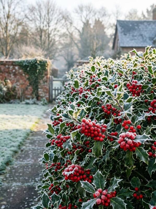 A Holly Hedge with Red Berries – winter garden idea for UK gardens